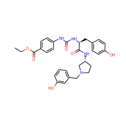 CCOC(=O)c1ccc(NC(=O)N[C@@H](Cc2ccc(O)cc2)C(=O)N[C@@H]2CCN(Cc3cccc(O)c3)C2)cc1 ZINC000042877186