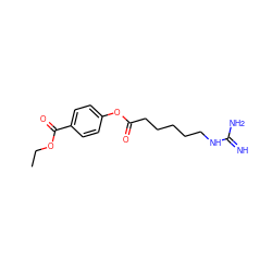 CCOC(=O)c1ccc(OC(=O)CCCCCNC(=N)N)cc1 ZINC000002002226