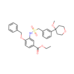 CCOC(=O)c1ccc(OCc2ccccc2)c(NS(=O)(=O)Cc2cccc(C3(OC)CCOCC3)c2)c1 ZINC000066073915