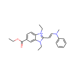 CCOC(=O)c1ccc2c(c1)n(CC)c(/C=C/N(C)c1ccccc1)[n+]2CC ZINC000013125120