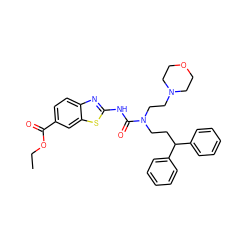 CCOC(=O)c1ccc2nc(NC(=O)N(CCC(c3ccccc3)c3ccccc3)CCN3CCOCC3)sc2c1 ZINC000096258254