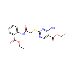 CCOC(=O)c1ccccc1NC(=O)CSc1ncc(C(=O)OCC)c(N)n1 ZINC000004093179