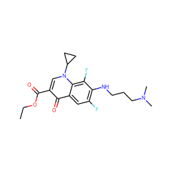 CCOC(=O)c1cn(C2CC2)c2c(F)c(NCCCN(C)C)c(F)cc2c1=O ZINC000002050031