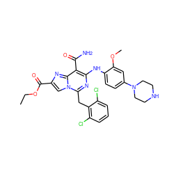 CCOC(=O)c1cn2c(Cc3c(Cl)cccc3Cl)nc(Nc3ccc(N4CCNCC4)cc3OC)c(C(N)=O)c2n1 ZINC000142386442