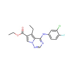 CCOC(=O)c1cn2ncnc(Nc3ccc(F)c(Cl)c3)c2c1CC ZINC000014954016