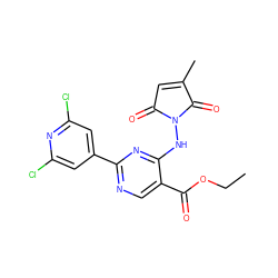 CCOC(=O)c1cnc(-c2cc(Cl)nc(Cl)c2)nc1NN1C(=O)C=C(C)C1=O ZINC000029392148