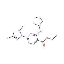 CCOC(=O)c1cnc(-n2nc(C)cc2C)nc1NC1CCCC1 ZINC000000523887