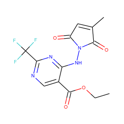 CCOC(=O)c1cnc(C(F)(F)F)nc1NN1C(=O)C=C(C)C1=O ZINC000029394650