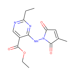 CCOC(=O)c1cnc(CC)nc1NN1C(=O)C=C(C)C1=O ZINC000029397226