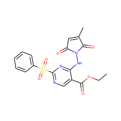 CCOC(=O)c1cnc(S(=O)(=O)c2ccccc2)nc1NN1C(=O)C=C(C)C1=O ZINC000029395243