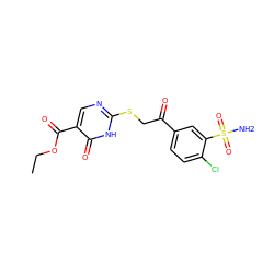 CCOC(=O)c1cnc(SCC(=O)c2ccc(Cl)c(S(N)(=O)=O)c2)[nH]c1=O ZINC000084602492