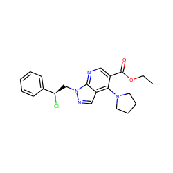 CCOC(=O)c1cnc2c(cnn2C[C@@H](Cl)c2ccccc2)c1N1CCCC1 ZINC000013491826