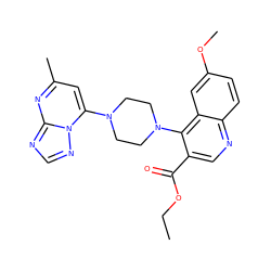 CCOC(=O)c1cnc2ccc(OC)cc2c1N1CCN(c2cc(C)nc3ncnn23)CC1 ZINC000481688453