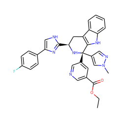 CCOC(=O)c1cncc([C@@]2(c3cnn(C)c3)N[C@@H](c3nc(-c4ccc(F)cc4)c[nH]3)Cc3c2[nH]c2ccccc32)c1 ZINC000299829244