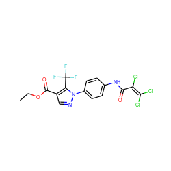 CCOC(=O)c1cnn(-c2ccc(NC(=O)C(Cl)=C(Cl)Cl)cc2)c1C(F)(F)F ZINC000044607934