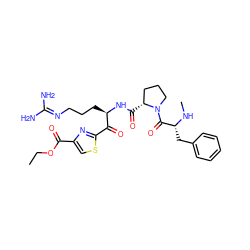 CCOC(=O)c1csc(C(=O)[C@@H](CCCN=C(N)N)NC(=O)[C@@H]2CCCN2C(=O)[C@@H](Cc2ccccc2)NC)n1 ZINC000014954670