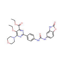 CCOC(=O)c1nc(-c2ccc(NC(=O)Nc3ccc4oc(=O)[nH]c4c3)cc2)nc(N2CCOCC2)c1OCC ZINC000118160908