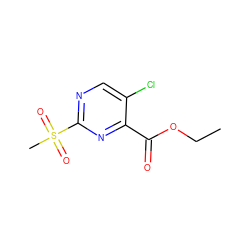 CCOC(=O)c1nc(S(C)(=O)=O)ncc1Cl ZINC000000408296