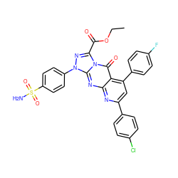 CCOC(=O)c1nn(-c2ccc(S(N)(=O)=O)cc2)c2nc3nc(-c4ccc(Cl)cc4)cc(-c4ccc(F)cc4)c3c(=O)n12 ZINC001772645970