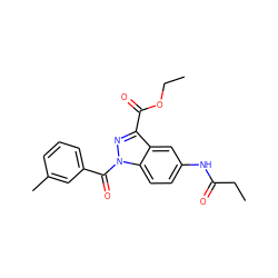 CCOC(=O)c1nn(C(=O)c2cccc(C)c2)c2ccc(NC(=O)CC)cc12 ZINC000096273855