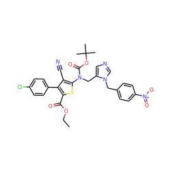 CCOC(=O)c1sc(N(Cc2cncn2Cc2ccc([N+](=O)[O-])cc2)C(=O)OC(C)(C)C)c(C#N)c1-c1ccc(Cl)cc1 ZINC000653693412