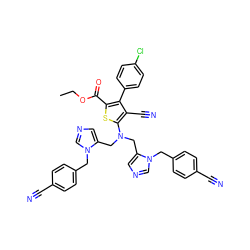 CCOC(=O)c1sc(N(Cc2cncn2Cc2ccc(C#N)cc2)Cc2cncn2Cc2ccc(C#N)cc2)c(C#N)c1-c1ccc(Cl)cc1 ZINC000653796700