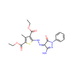 CCOC(=O)c1sc(N/N=C2\C(=O)N(c3ccccc3)N=C2N)c(C(=O)OCC)c1C ZINC000002680202