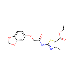 CCOC(=O)c1sc(NC(=O)COc2ccc3c(c2)OCO3)nc1C ZINC000005060981