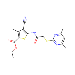 CCOC(=O)c1sc(NC(=O)CSc2nc(C)cc(C)n2)c(C#N)c1C ZINC000002406359