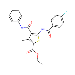 CCOC(=O)c1sc(NC(=O)c2ccc(F)cc2)c(C(=O)Nc2ccccc2)c1C ZINC000001413034