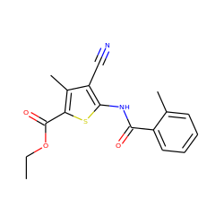 CCOC(=O)c1sc(NC(=O)c2ccccc2C)c(C#N)c1C ZINC000000483539