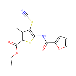 CCOC(=O)c1sc(NC(=O)c2ccco2)c(SC#N)c1C ZINC000004088272