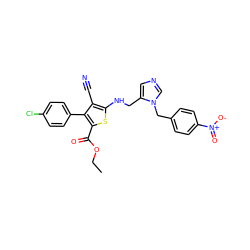 CCOC(=O)c1sc(NCc2cncn2Cc2ccc([N+](=O)[O-])cc2)c(C#N)c1-c1ccc(Cl)cc1 ZINC000653714820