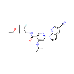 CCOC(C)(C)[C@H](F)CNC(=O)c1cnc(-n2ccc3cc(C#N)cnc32)cc1NC(C)C ZINC001772606416