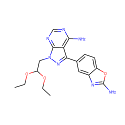 CCOC(Cn1nc(-c2ccc3oc(N)nc3c2)c2c(N)ncnc21)OCC ZINC000585672921