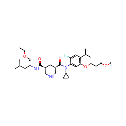 CCOC[C@@H](CC(C)C)NC(=O)[C@@H]1CNC[C@H](C(=O)N(c2cc(OCCCOC)c(C(C)C)cc2F)C2CC2)C1 ZINC000113098925