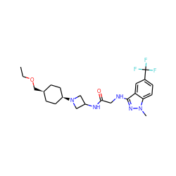 CCOC[C@H]1CC[C@@H](N2CC(NC(=O)CNc3nn(C)c4ccc(C(F)(F)F)cc34)C2)CC1 ZINC000253806626