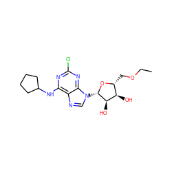 CCOC[C@H]1O[C@@H](n2cnc3c(NC4CCCC4)nc(Cl)nc32)[C@H](O)[C@@H]1O ZINC000013863895