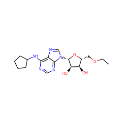 CCOC[C@H]1O[C@@H](n2cnc3c(NC4CCCC4)ncnc32)[C@H](O)[C@@H]1O ZINC000013863892