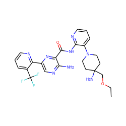 CCOCC1(N)CCN(c2cccnc2NC(=O)c2nc(-c3ncccc3C(F)(F)F)cnc2N)CC1 ZINC001772571514