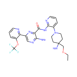 CCOCC1(N)CCN(c2cccnc2NC(=O)c2nc(-c3ncccc3OC(F)(F)F)cnc2N)CC1 ZINC001772619235