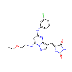 CCOCCNc1cc(Nc2cccc(Cl)c2)nc2c(/C=C3\NC(=O)NC3=O)cnn12 ZINC000205018439