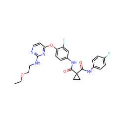 CCOCCNc1nccc(Oc2ccc(NC(=O)C3(C(=O)Nc4ccc(F)cc4)CC3)cc2F)n1 ZINC000169350851