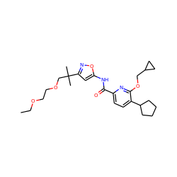 CCOCCOCC(C)(C)c1cc(NC(=O)c2ccc(C3CCCC3)c(OCC3CC3)n2)on1 ZINC000473172441