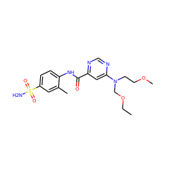 CCOCN(CCOC)c1cc(C(=O)Nc2ccc(S(N)(=O)=O)cc2C)ncn1 ZINC000219595762