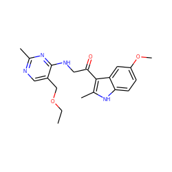 CCOCc1cnc(C)nc1NCC(=O)c1c(C)[nH]c2ccc(OC)cc12 ZINC000004141761