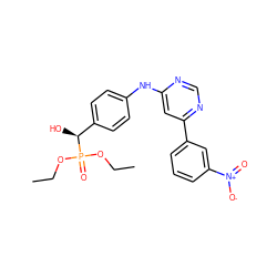 CCOP(=O)(OCC)[C@@H](O)c1ccc(Nc2cc(-c3cccc([N+](=O)[O-])c3)ncn2)cc1 ZINC000169346755