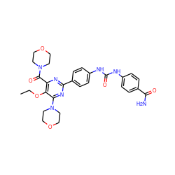 CCOc1c(C(=O)N2CCOCC2)nc(-c2ccc(NC(=O)Nc3ccc(C(N)=O)cc3)cc2)nc1N1CCOCC1 ZINC000118160720