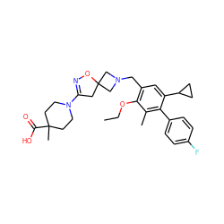 CCOc1c(CN2CC3(CC(N4CCC(C)(C(=O)O)CC4)=NO3)C2)cc(C2CC2)c(-c2ccc(F)cc2)c1C ZINC001772616108