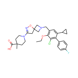 CCOc1c(CN2CC3(CC(N4CCC(C)(C(=O)O)CC4)=NO3)C2)cc(C2CC2)c(-c2ccc(F)cc2)c1Cl ZINC001772655978